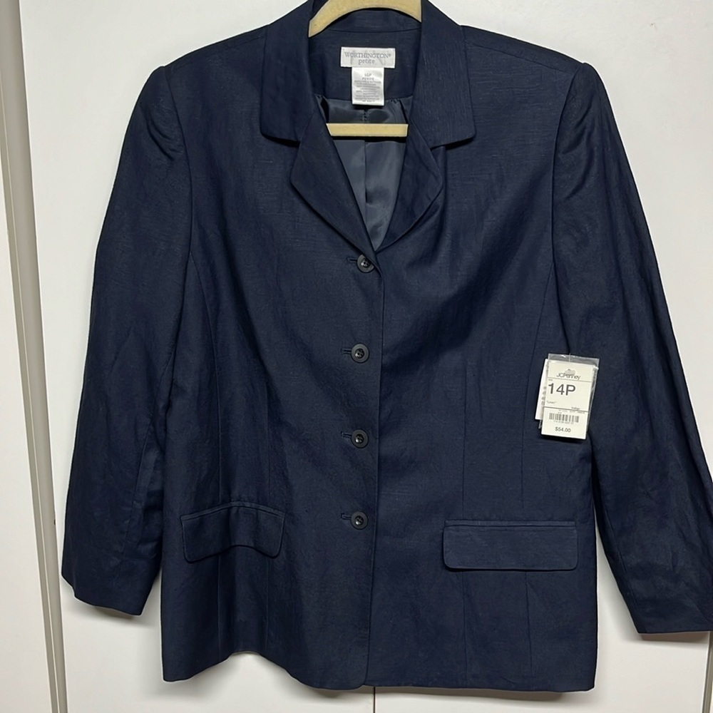 Worthington Petite Navy Linen Blend Blazer Jacket Size 14P - Picture 3 of 11